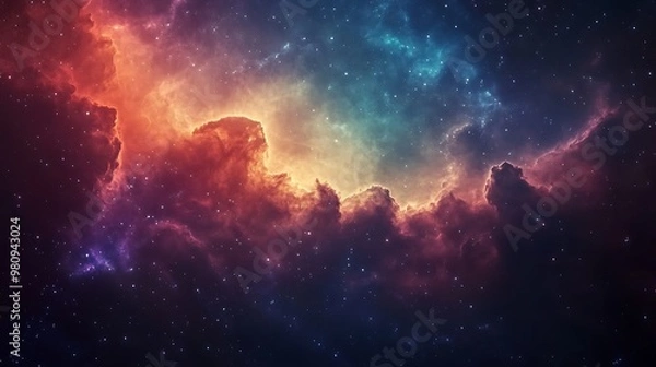 Fototapeta A vibrant cosmic scene featuring colorful nebulae and stars in a deep space environment.
