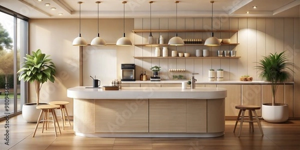 Fototapeta 3d rendering of a pale green a Scandinavian style kitchen white tiles, an island and wood logs on ceiling