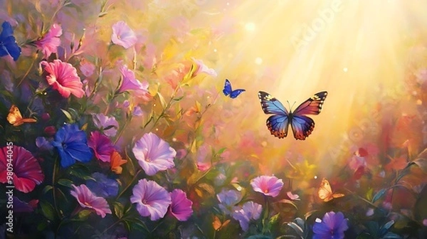 Fototapeta A vibrant scene of colorful flowers and butterflies illuminated by sunlight, evoking a sense of tranquility and beauty.