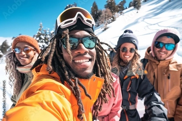 Fototapeta Looking forward to a winter vacation with friends filled with skiing, snowboarding, and enjoying the beautiful mountain resort and snowy landscapes. Create unforgettable moments in the snow