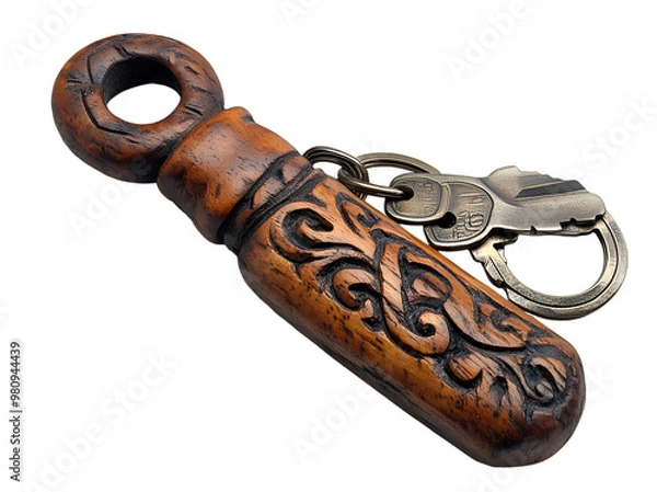 Obraz Stylish Key Chain with a Carved Wooden Handle.