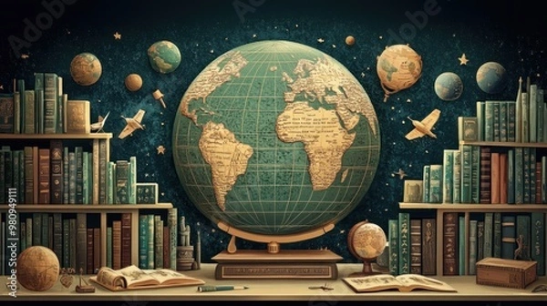 Fototapeta World Globe and Books on Shelves