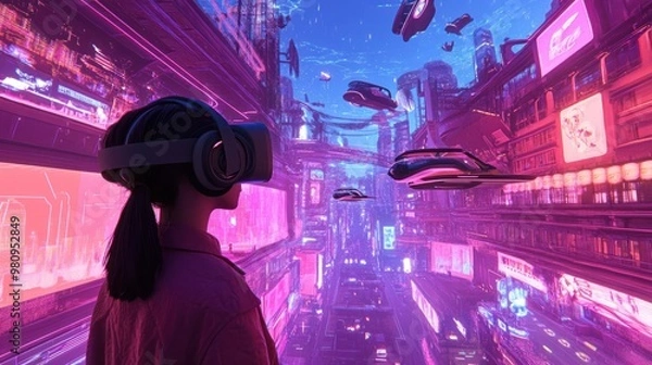 Fototapeta A user avatar exploring a neon-lit virtual cityscape, surrounded by flying cars and futuristic architecture.