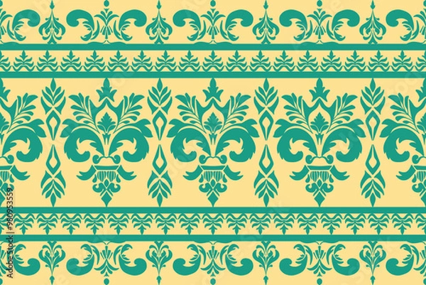 Fototapeta Damask floral fabric seamless patterns for Cross Stitch, carpets and cloth with green and light blue color