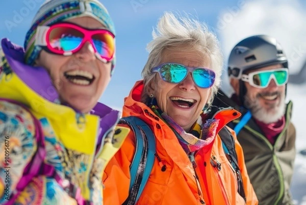 Fototapeta Winter vacation enthusiasts are enjoying snow sports and activities together, creating cherished memories of adventure and joy in the cold weather. The snowy landscapes add to the fun