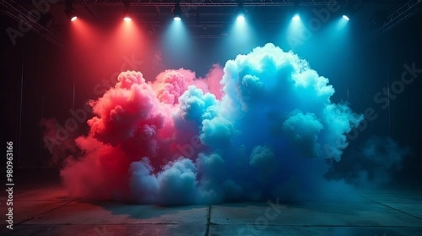 Fototapeta Dramatic Blue Red Smoke Explosion In Industrial Setting