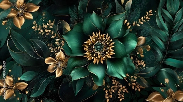 Fototapeta Intricate floral designs with flowing gold accents on green and black, hyper-real, high-quality, sharp and detailed artwork