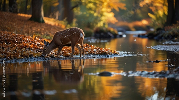 Fototapeta A deer drinks from a crystal-clear stream, with fallen autumn leaves floating on the water. 