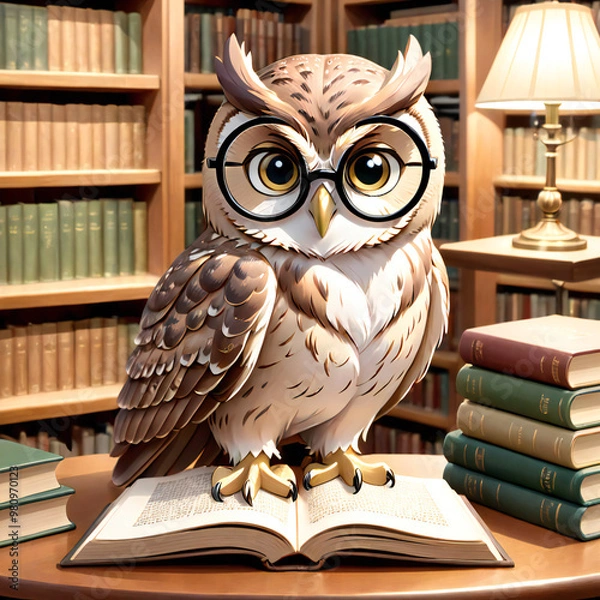 Obraz メガネを掛け本を開く知的なふくろう