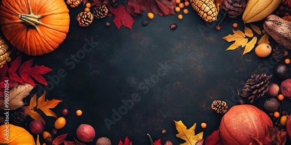 Obraz Warm Thanksgiving Background with Leaves and Pumpkins for Festive Design