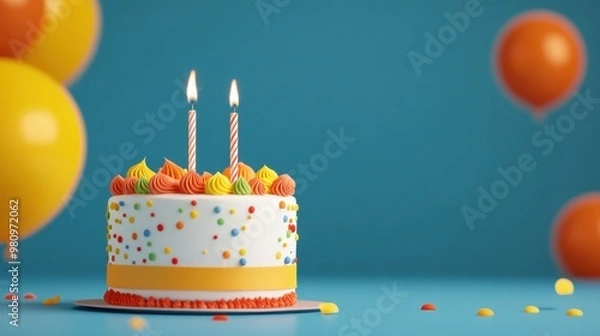 Obraz A vibrant birthday cake topped with colorful frosting and candles, surrounded by festive balloons, perfect for celebrations.