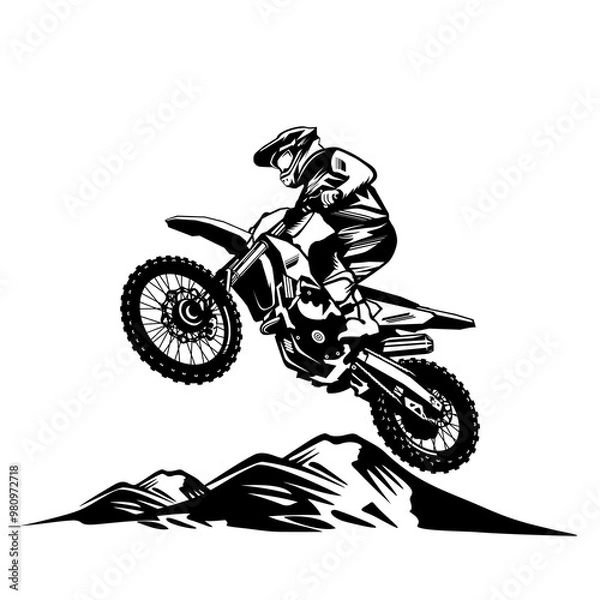 Fototapeta motocross jumping over bumps side view black and white vector line art