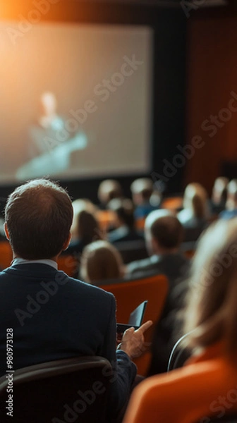 Obraz Large group of people attending a business presentation in a conference hall, listening to the speaker on stage