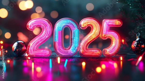 Obraz Colorful balloons forming '2025' for a New Year celebration in a room with pastel triangle flags hanging from the ceiling. The space is prepared for a party, with no people.