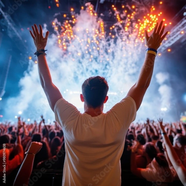 Obraz Excited concertgoer celebrates at a vibrant music festival, surrounded by energetic crowd and dazzling fireworks display.