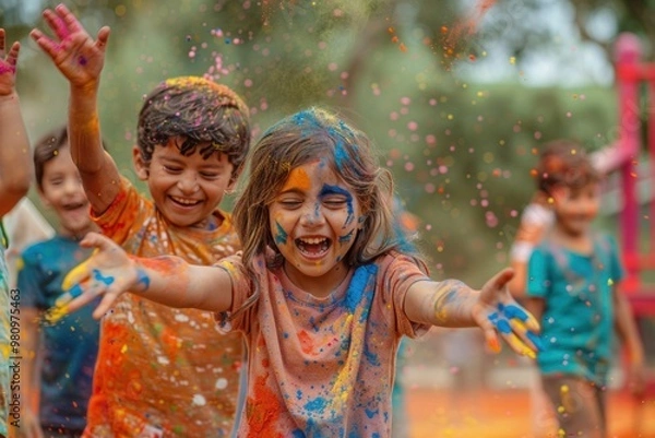 Fototapeta children playing with Holi colors in a park or playground