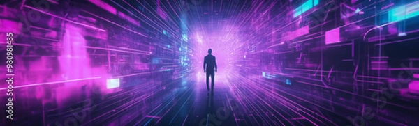 Fototapeta A futuristic scene with a man standing in a neon-lit corridor, surrounded by glowing digital elements and geometric patterns, capturing the essence of a digital landscape.