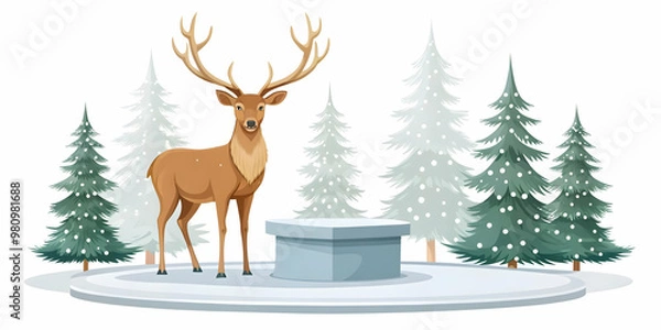 Fototapeta Flat Vector Illustration of Snowy Tree and Standing Reindeer Podium with Copy Space for Winter Promotions and Holiday Events