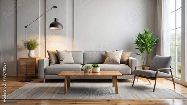 Fototapeta Sleek, modern living room with sparse furniture, including a low-profile sofa, minimalist coffee table, and airy floor