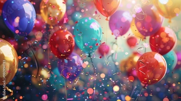 Fototapeta This celebration background features a colorful mix of balloons, confetti, and streamers