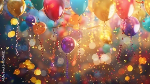 Fototapeta This cheerful celebration background features a burst of bright confetti, colorful balloons, and festive streamers.