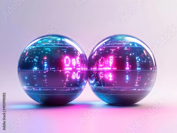Fototapeta Flat Holographic Countdown Orbs: Close-Up of Two Mesmerizing Glowing Orbs Displaying New Year 2025 Countdown on White Background - Perfect for Promotions