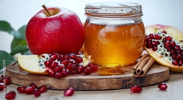 Fototapeta Fresh red apple, pomegranate seeds, and honey in a jar on a wood slice.