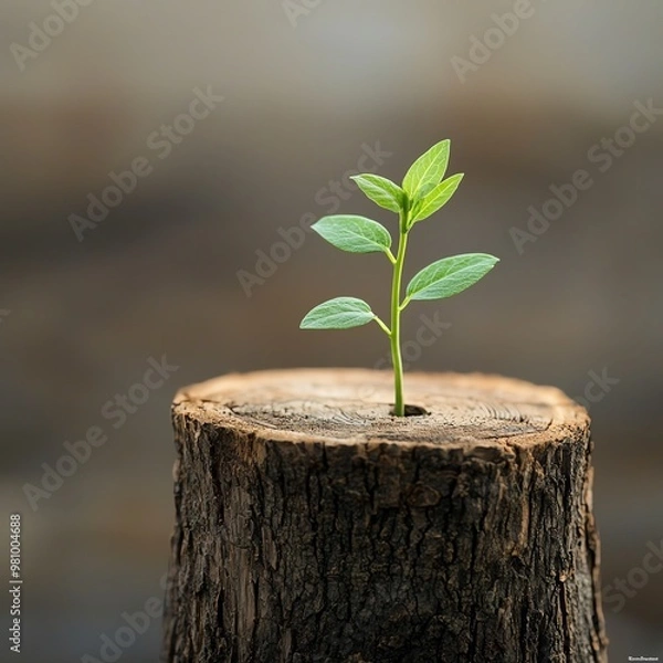 Fototapeta A small green plant sprouts from a tree stump, symbolizing resilience and new beginnings amidst decay.