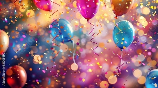 Fototapeta This vibrant celebration background features a cheerful mix of colorful balloons, sparkling confetti, and festive streamers.