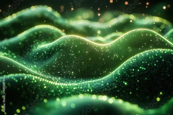 Fototapeta undulating 3d green wave comprised of glowing data points creating a dynamic techno landscape against a dark background