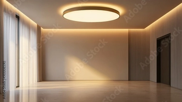 Fototapeta Cylindrical ceiling lamp, minimal room design, 3D illustration