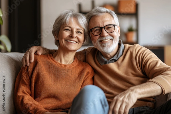 Fototapeta Portrait of attractive aged retired couple hugging resting together at home sit on sofa laughing looking at camera, enjoy their relationships lifelong marriage and carefree life on retirement