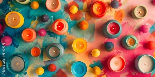Fototapeta Vibrant Candle Holders Arranged in Pattern for Product Photography