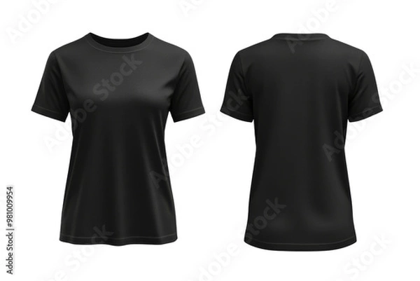 Fototapeta Blank Short sleeve t shirt mockup, woman black T-shirts front and back view, used as design template isolated on white background