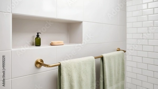 Obraz Minimalist bathroom interior with a clean and modern design. The layout features a white tiled wall with a built-in recessed shelf