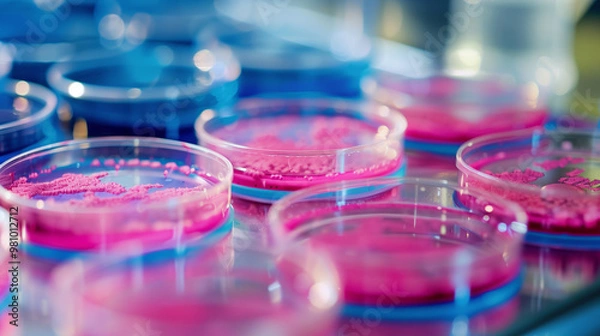 Fototapeta Petri dishes with pink and blue cultures in a laboratory for scientific research