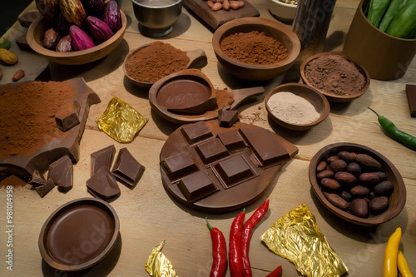Fototapeta a wooden table with cocoa beans chocolate bars and unique ingredients for preparation
