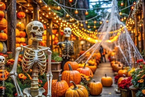Fototapeta Spooky skeletons, glowing pumpkins, and cobweb-covered decor clutter a colorful autumnal aisle, beckoning shoppers to