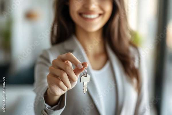 Fototapeta Close up focus on keys, smiling woman realtor selling apartment or car, offering to client, showing at camera, contract, making purchasing deal, real estate agent, mortgage or rent concept