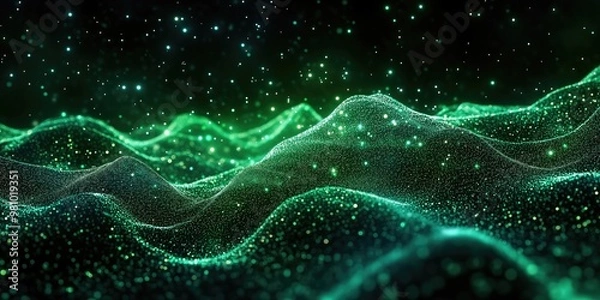 Fototapeta Moving Flow of Green Particles Flashing. Abstract Waveform Background for Digital Design and Art Projects.