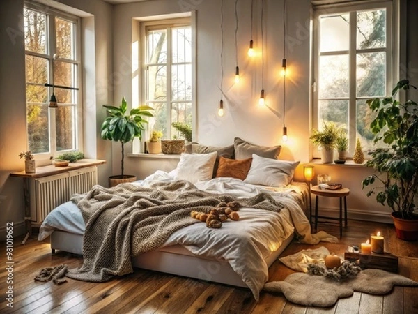 Fototapeta Soft morning light creeps through the window, illuminating the unmade bed with rumpled sheets and scattered pillows, inviting relaxation in the cozy bedroom.