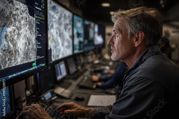 Obraz A man is deeply engaged in analyzing flood data on several screen monitors, showcasing the detailed and technologically advanced approach taken in modern flood management and disaster preparedness.