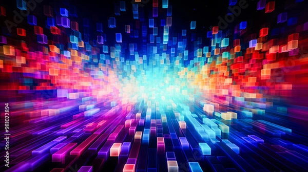 Obraz Dynamic colorful cubes and pixelated blocks in motion in space. Digital transformation, big data, or future-forward industries.