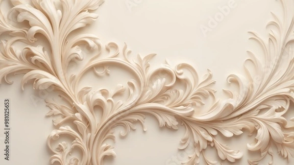 Obraz Cream-colored swirling floral designs stretch across a soft, light background, showcasing elegant, flowing details in a symmetrical arrangement.