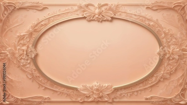 Obraz An elegant peach-colored background featuring an ornate oval floral frame with intricate scrollwork and soft floral accents.