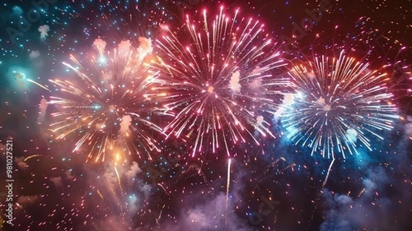 Fototapeta Visualize a fireworks extravaganza at a major event or festival, where pyrotechnic artists showcase their creativity through intricate designs and breathtaking effects
