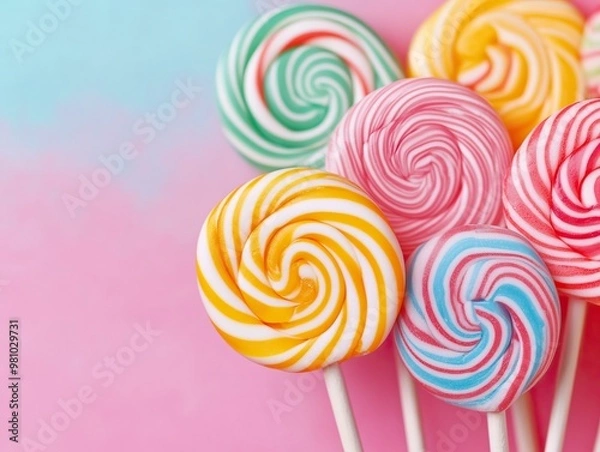 Fototapeta Colorful lollipops arranged against a pastel background, perfect for sweet treats and candy-themed designs.