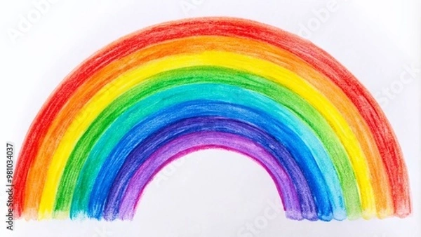 Fototapeta Vibrant, colorful, hand-drawn rainbow arcs across a white background, with bold lines, soft gradient hues, and gentle