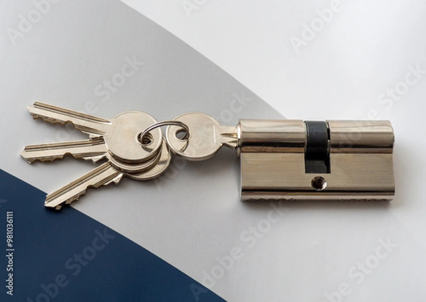 Obraz New door lock cylinder with keys. Door lock assembly. Home security and protective measures. How to find a reliable locksmith company. Lost doors key  