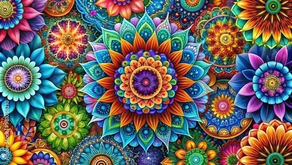 Fototapeta Vibrant, eclectic digital art featuring abstract florals, mandalas, and geometric patterns in bold colors, perfect for